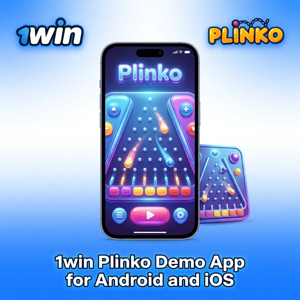 Mobile app interface showing 1win Plinko demo game with betting controls and risk settings on smartphone screen