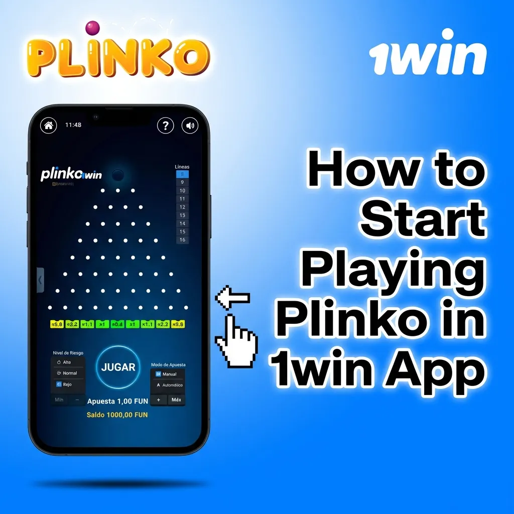 Step-by-step guide showing how to register, deposit, and launch Plinko game in the 1win mobile app interface